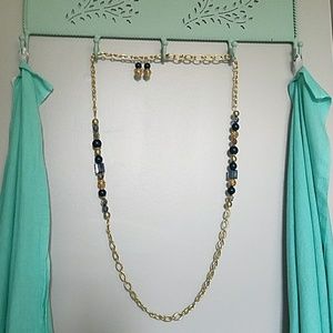 Brighton long gold & blue necklace w earrings